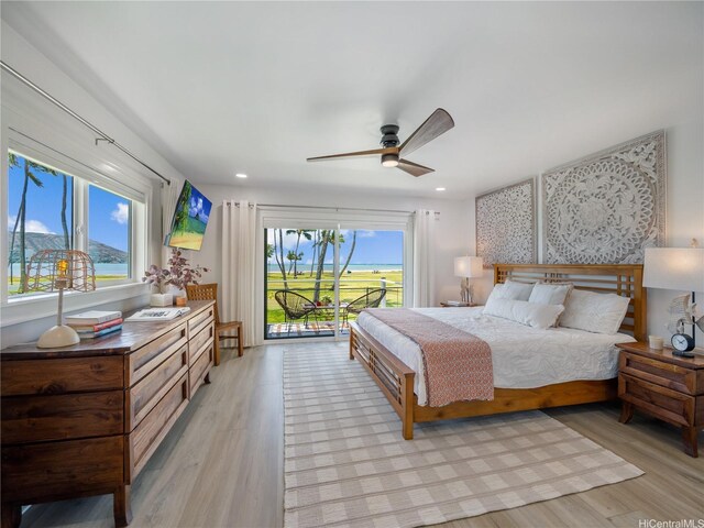 6173 Summer St, Honolulu, HI 96821 - bedroom with access to exterior, light wood-style flooring, ceiling fan, and recessed lighting