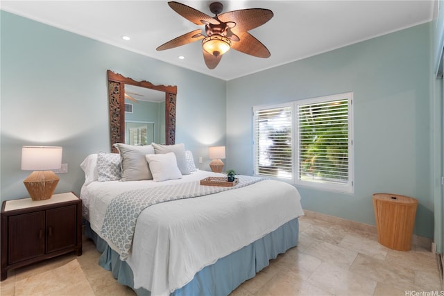 bedroom featuring baseboards, ceiling fan, and recessed lighting