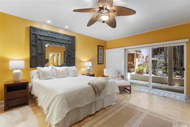 tiled bedroom featuring access to outside, ceiling fan, and recessed lighting