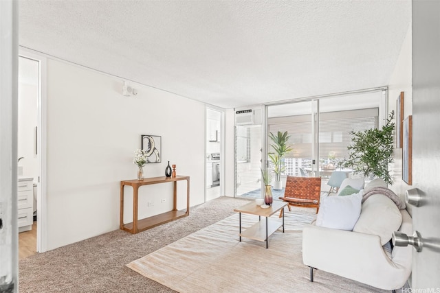 1556 Piikoi St Unit 1802, Honolulu, HI 96822 - living area with light carpet, a wall of windows, a textured ceiling, and a wall mounted AC