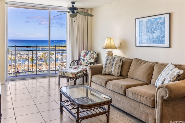 1765 Ala Moana Blvd Unit 1286, Honolulu, HI 96815 - tiled living area featuring a water view and ceiling fan