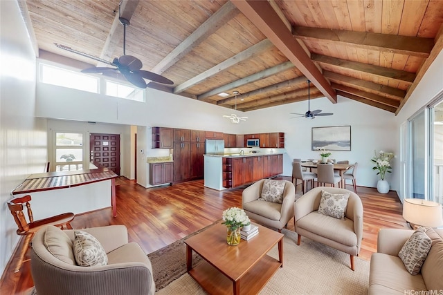 44-3082 Olina St Unit 5/2, Kaneohe, HI 96744 - living room featuring ceiling fan, wooden ceiling, wood finished floors, beamed ceiling, and high vaulted ceiling