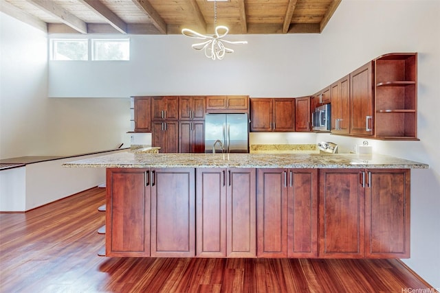 44-3082 Olina St Unit 5/2, Kaneohe, HI 96744 - kitchen featuring appliances with stainless steel finishes, open shelves, wooden ceiling, beam ceiling, and a chandelier