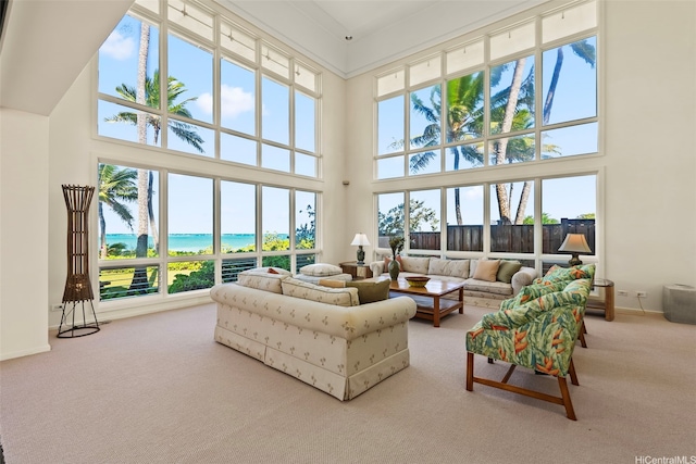 572C N Kalaheo Ave, Kailua, HI 96734 - living room with a towering ceiling, carpet floors, baseboards, and a water view
