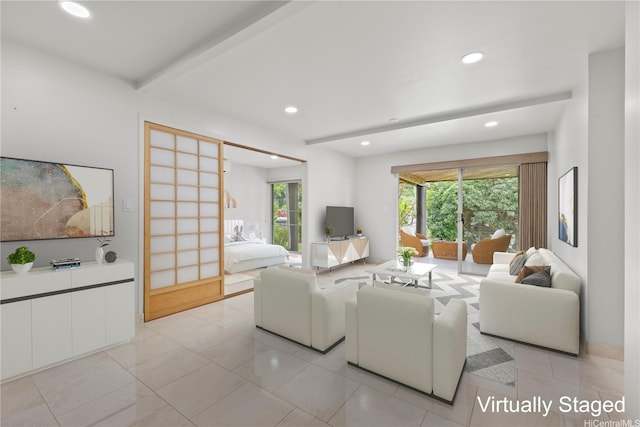 1234 Lola Pl, Kailua, HI 96734 - living area with recessed lighting, beam ceiling, and light tile patterned floors