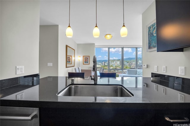 1189 Waimanu St Unit 1606, Honolulu, HI 96814 - kitchen featuring stainless steel dishwasher, a wall of windows, hanging light fixtures, and a city view