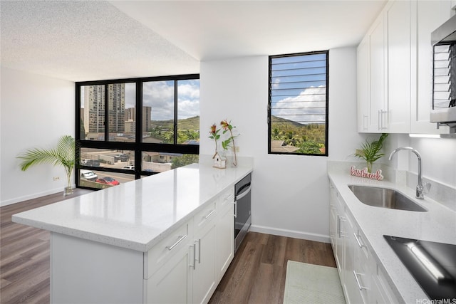 3070 Ala Ilima St Unit 306, Honolulu, HI 96818 - kitchen with a sink, a peninsula, black electric cooktop, dark wood-style floors, and baseboards