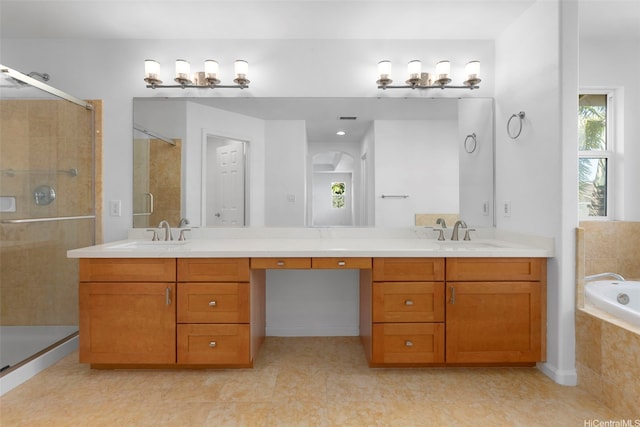 91-1023 Kaikoele St, Ewa Beach, HI 96706 - bathroom with a shower stall, double vanity, a relaxing tiled tub, and tile patterned flooring