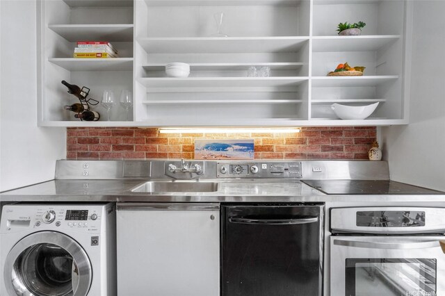 419A Atkinson Dr Unit 1203, Honolulu, HI 96814 - kitchen featuring washer / dryer, open shelves, stainless steel oven, and dishwasher