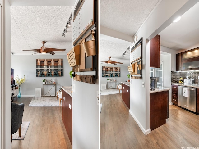 430 Keoniana St Unit 202, Honolulu, HI 96815 - kitchen featuring dishwasher, a textured ceiling, ceiling fan, light wood-style flooring, and backsplash