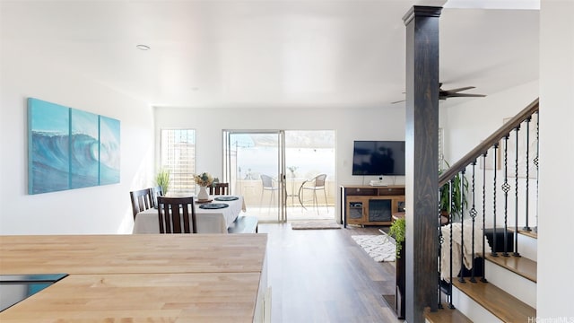92-1001 Makakilo Dr Unit 51, Kapolei, HI 96707 - dining area featuring wood finished floors, stairway, and a ceiling fan