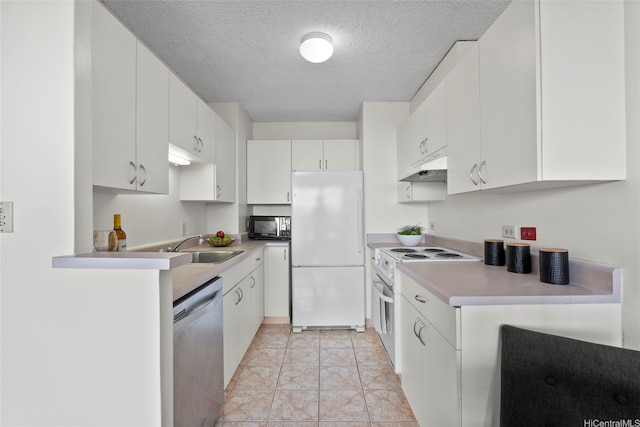 3161 Ala Ilima St Unit 1006, Honolulu, HI 96818 - kitchen featuring white appliances, under cabinet range hood, a textured ceiling, white cabinetry, and light countertops