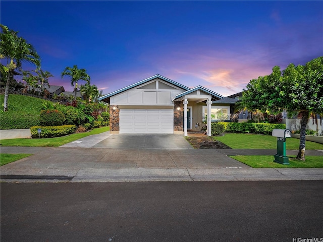 95-1073 Loea St, Honolulu, HI 96789 - ranch-style house featuring a yard, driveway, a garage, and stone siding