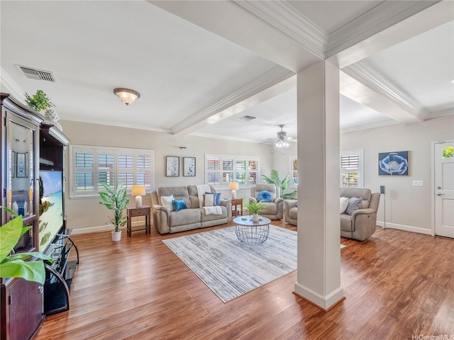 95-1073 Loea St, Honolulu, HI 96789 - living area featuring wood finished floors, crown molding, a ceiling fan, baseboards, and beam ceiling