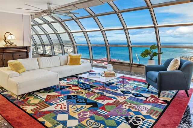 415 S St Unit 4202, Honolulu, HI 96813 - living room with a sunroom, a water view, and a ceiling fan