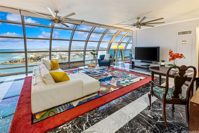415 S St Unit 4202, Honolulu, HI 96813 - living area with a ceiling fan, a sunroom, and marble tiled floors