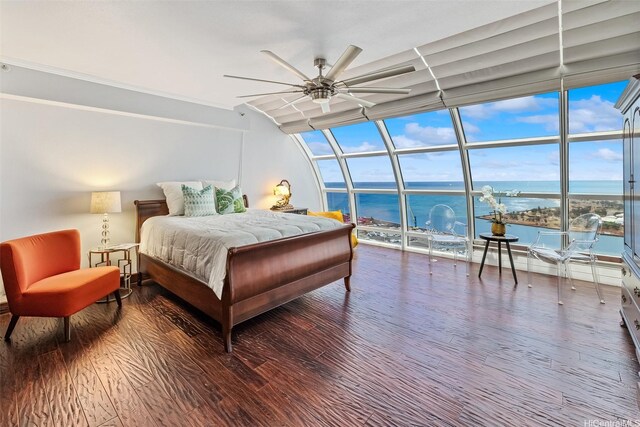 415 S St Unit 4202, Honolulu, HI 96813 - bedroom with a water view, wood finished floors, a wall of windows, and a ceiling fan