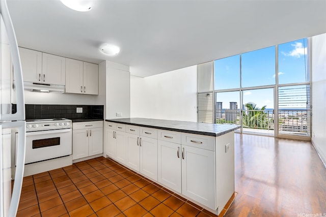 666 Prospect St Unit I506, Honolulu, HI 96813 - kitchen featuring white electric stove, a peninsula, under cabinet range hood, dark countertops, and white cabinetry