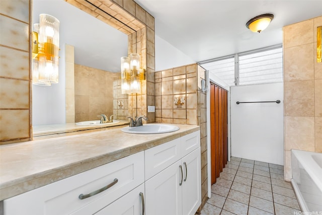 666 Prospect St Unit I506, Honolulu, HI 96813 - bathroom featuring tile walls, vanity, a bath, and tile patterned floors