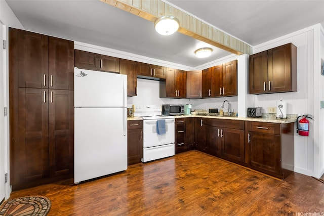 1681 Mahani Loop, Honolulu, HI 96819 - kitchen with white appliances, dark wood-style flooring, a sink, dark brown cabinets, and light stone counters