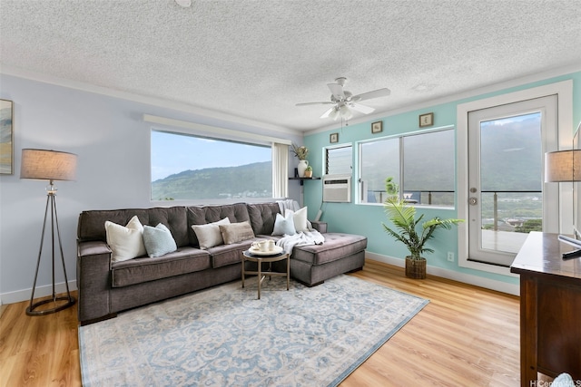 1681 Mahani Loop, Honolulu, HI 96819 - living area with light wood-type flooring, a ceiling fan, baseboards, a textured ceiling, and a mountain view