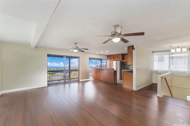 1492 Halekoa Dr, Honolulu, HI 96821 - unfurnished living room with baseboards, ceiling fan, dark wood-style flooring, and recessed lighting