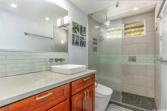 1492 Halekoa Dr, Honolulu, HI 96821 - bathroom with vanity, a walk in shower, toilet, decorative backsplash, and recessed lighting