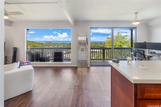 1492 Halekoa Dr, Honolulu, HI 96821 - living room with a ceiling fan, wood finished floors, and beam ceiling