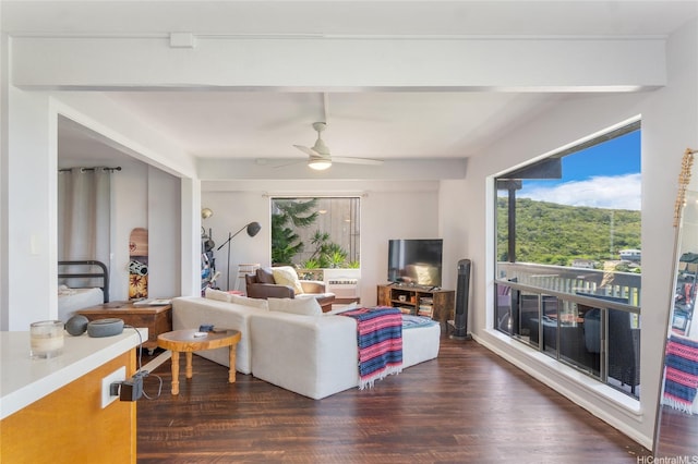 1492 Halekoa Dr, Honolulu, HI 96821 - living room with dark wood-style flooring, ceiling fan, and beamed ceiling