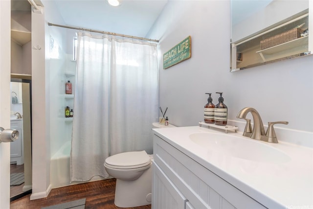 1492 Halekoa Dr, Honolulu, HI 96821 - full bathroom with wood finished floors, shower / bathtub combination with curtain, vanity, and toilet