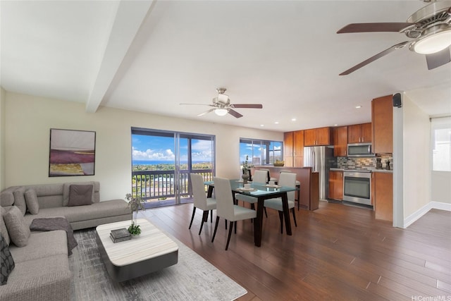1492 Halekoa Dr, Honolulu, HI 96821 - living room featuring ceiling fan, dark wood-type flooring, recessed lighting, beamed ceiling, and baseboards