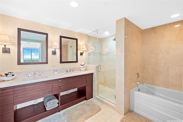 1551 Ala Wai Blvd Unit 1603, Honolulu, HI 96815 - full bath with a shower stall, double vanity, tile patterned floors, a garden tub, and recessed lighting