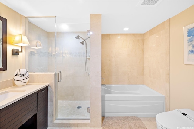 1551 Ala Wai Blvd Unit 1603, Honolulu, HI 96815 - bathroom with vanity, a shower stall, a garden tub, tile patterned flooring, and toilet