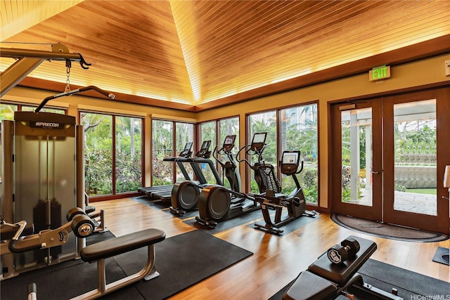 1551 Ala Wai Blvd Unit 1603, Honolulu, HI 96815 - workout area with french doors, wooden ceiling, and wood finished floors