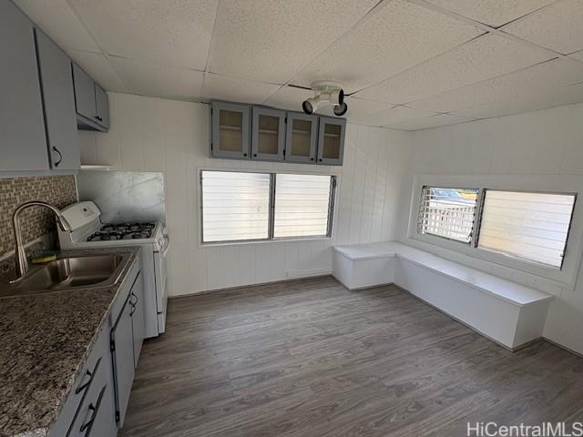 1704 Kamamalu Ave, Honolulu, HI 96813 - kitchen with white gas stove, a drop ceiling, dark wood-style flooring, glass insert cabinets, and gray cabinetry