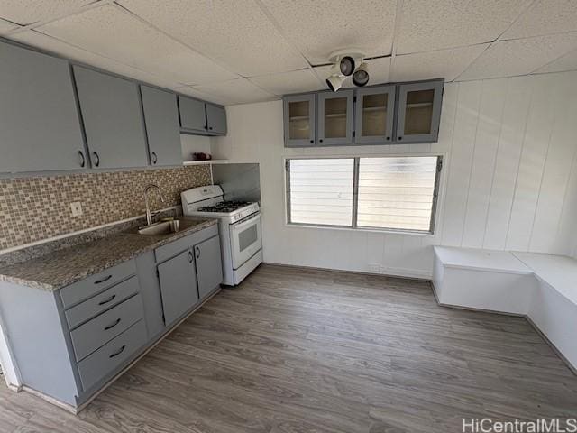 1704 Kamamalu Ave, Honolulu, HI 96813 - kitchen with white gas range oven, a paneled ceiling, gray cabinets, backsplash, and wood finished floors