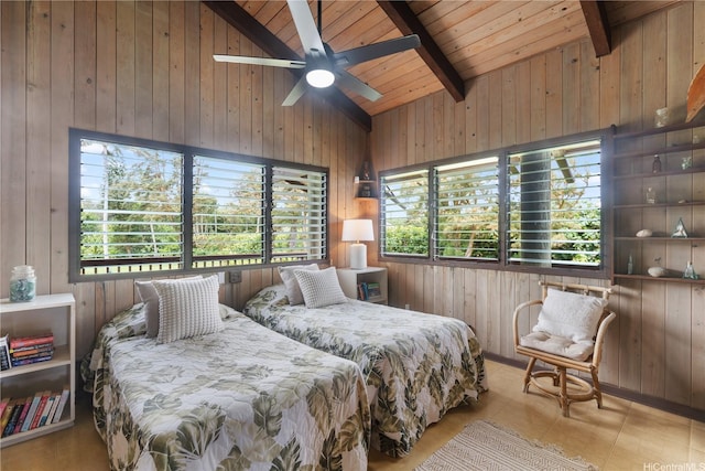 56-189 Kamehameha Hwy, Kahuku, HI 96731 - bedroom with multiple windows, beamed ceiling, wood walls, wood ceiling, and high vaulted ceiling