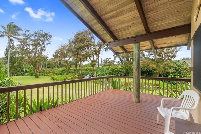 56-189 Kamehameha Hwy, Kahuku, HI 96731 - wooden terrace featuring a yard and view of scattered trees