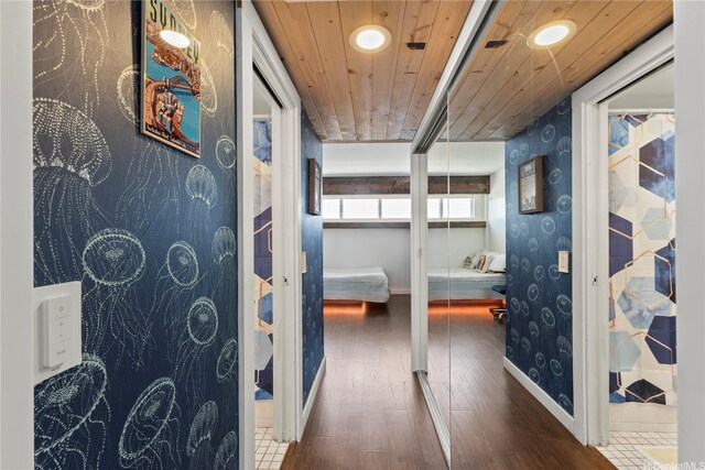 419 Keoniana St Unit 1003, Honolulu, HI 96815 - corridor featuring wallpapered walls, baseboards, wood ceiling, wood finished floors, and recessed lighting
