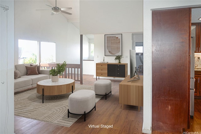 98-524 Lulu Pl Unit 84, Aiea, HI 96701 - living area with high vaulted ceiling, a ceiling fan, and wood finished floors