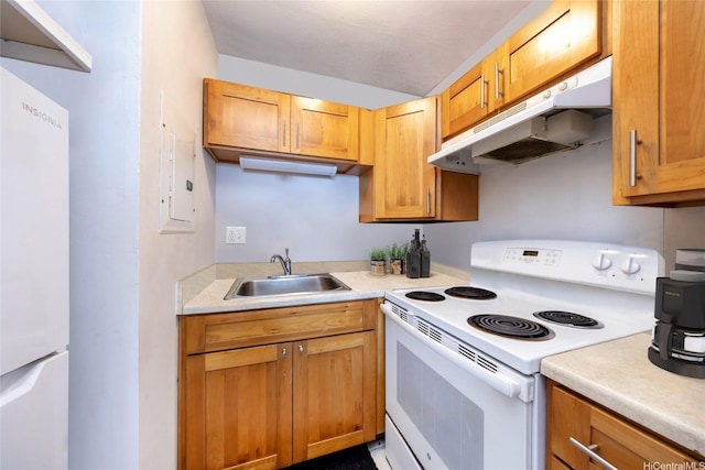 51-636 Kamehameha Hwy Unit 115, Kaaawa, HI 96730 - kitchen with white appliances, under cabinet range hood, a sink, and light countertops