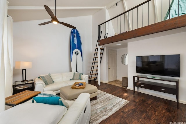 94-423 Keaoopua St Unit 155, Mililani, HI 96789 - living room featuring wood finished floors, a ceiling fan, stairway, baseboards, and a high ceiling