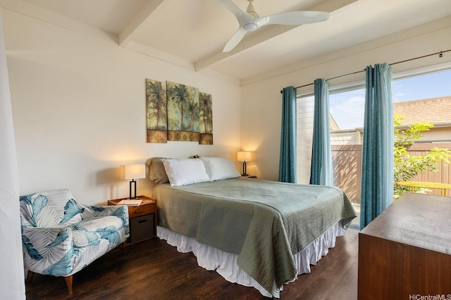 94-423 Keaoopua St Unit 155, Mililani, HI 96789 - bedroom with beamed ceiling, wood finished floors, and a ceiling fan