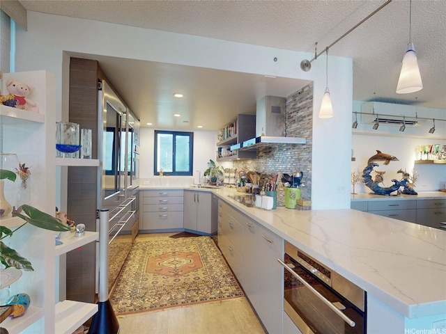 1015 Wilder Ave Unit 1003, Honolulu, HI 96822 - kitchen featuring wall chimney exhaust hood, open shelves, black electric cooktop, gray cabinets, and oven