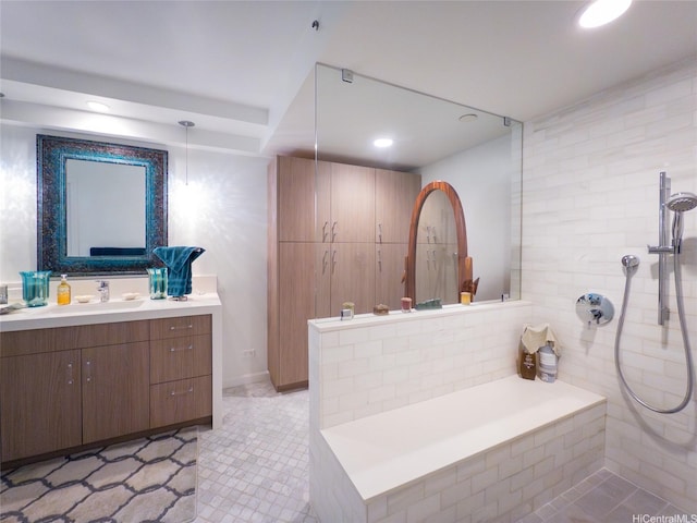 1015 Wilder Ave Unit 1003, Honolulu, HI 96822 - bathroom with tile patterned flooring, recessed lighting, vanity, a tile shower, and tile walls