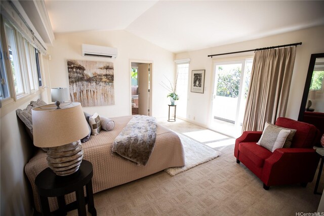 769 Elepaio St, Honolulu, HI 96816 - bedroom featuring access to outside, a wall unit AC, vaulted ceiling, and carpet flooring