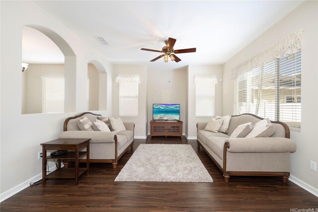 91-1104 Kaileonui St, Ewa Beach, HI 96706 - living room featuring ceiling fan, dark wood-style floors, and baseboards