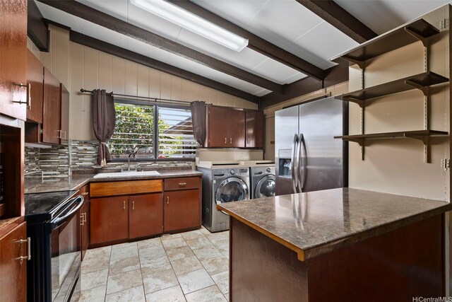 98-1225 Ulune St, Aiea, HI 96701 - kitchen featuring washing machine and clothes dryer, a sink, dark countertops, stainless steel fridge with ice dispenser, and open shelves