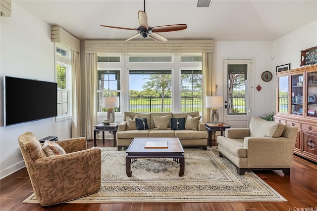 91-1338 Kaiokia St, Ewa Beach, HI 96706 - living area featuring plenty of natural light, a ceiling fan, and wood finished floors