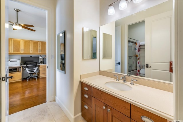 91-1338 Kaiokia St, Ewa Beach, HI 96706 - full bath with ceiling fan, vanity, tile patterned floors, and curtained shower